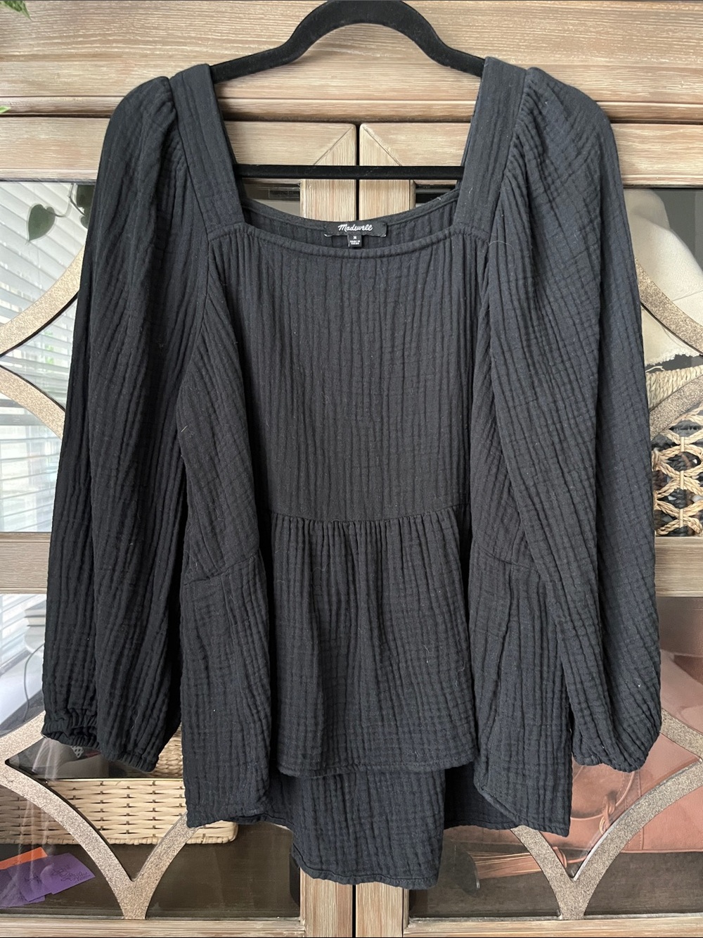 Madewell Black Textured Square-Neck Peasant Tunic